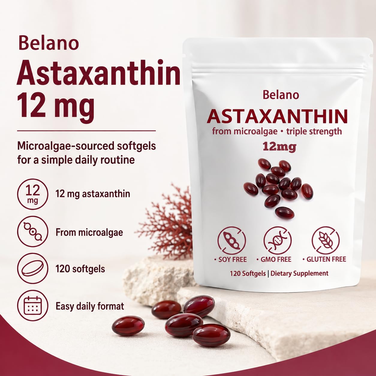 BELANO Nuvapure Astaxanthin 12 mg Softgels, 120 Count