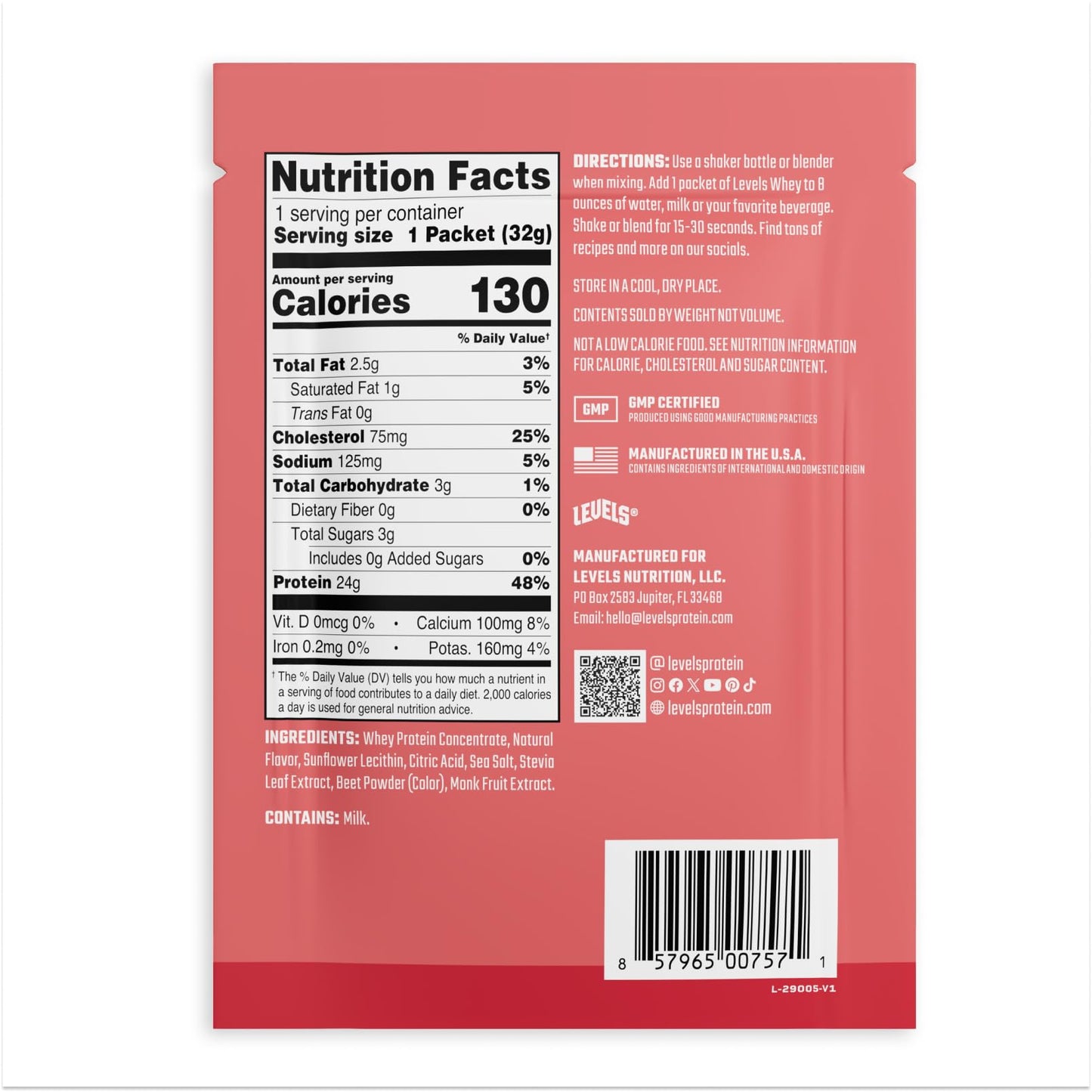 Levels Nutrition Grass Fed Whey Protein Powder Strawberry 14 Count