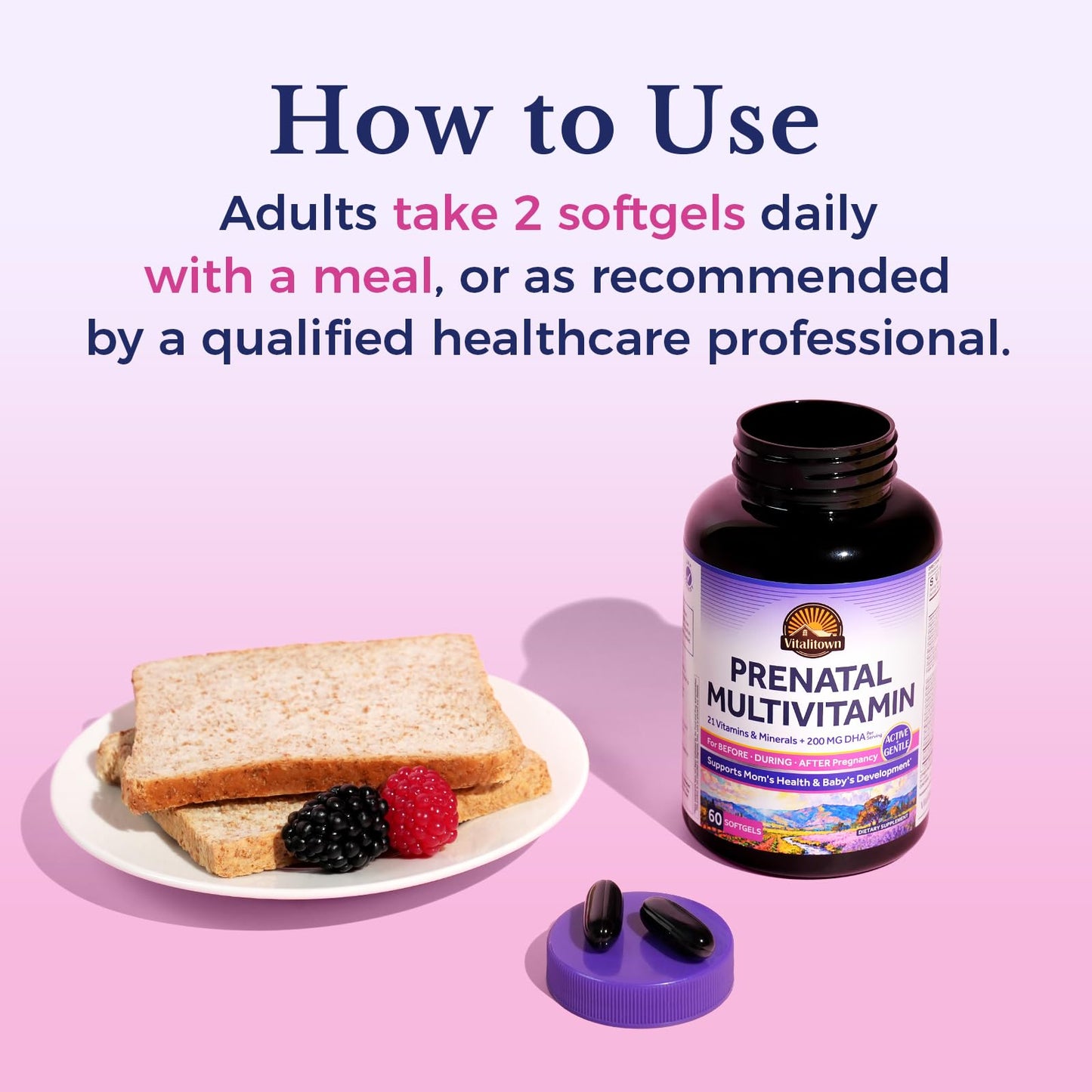 Vitalitown Prenatal Vitamins for Women with Methylfolate, DHA & Choline, Healthy Growth and Brain Development, All Natural, Non-GMO, 60 Softgels