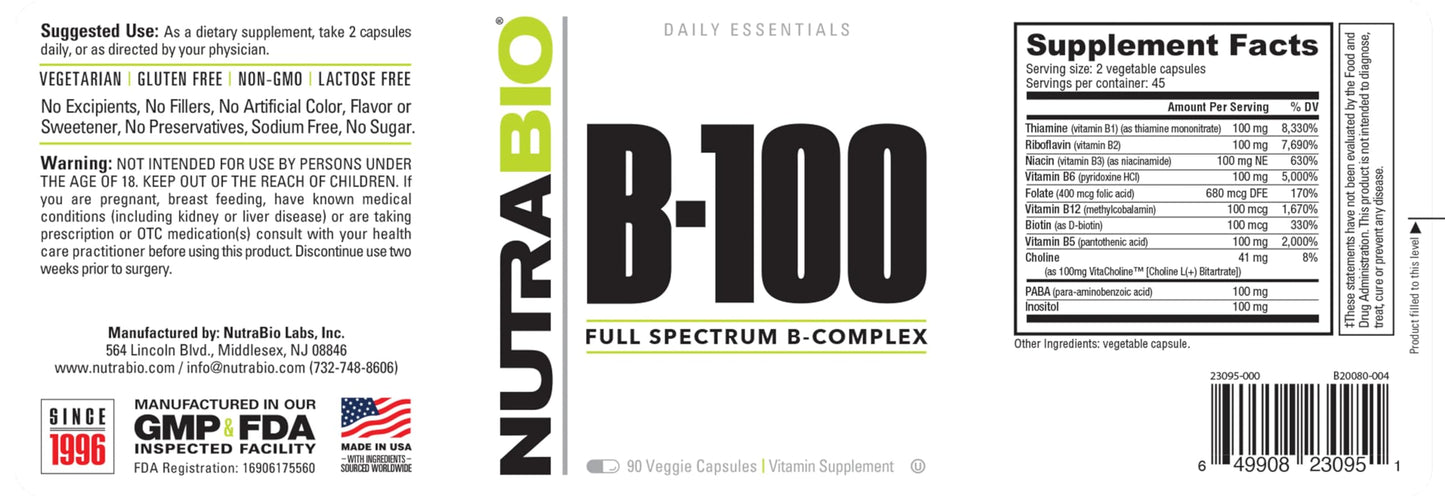 NutraBio B-100 B Vitamin Complex 90 Capsules