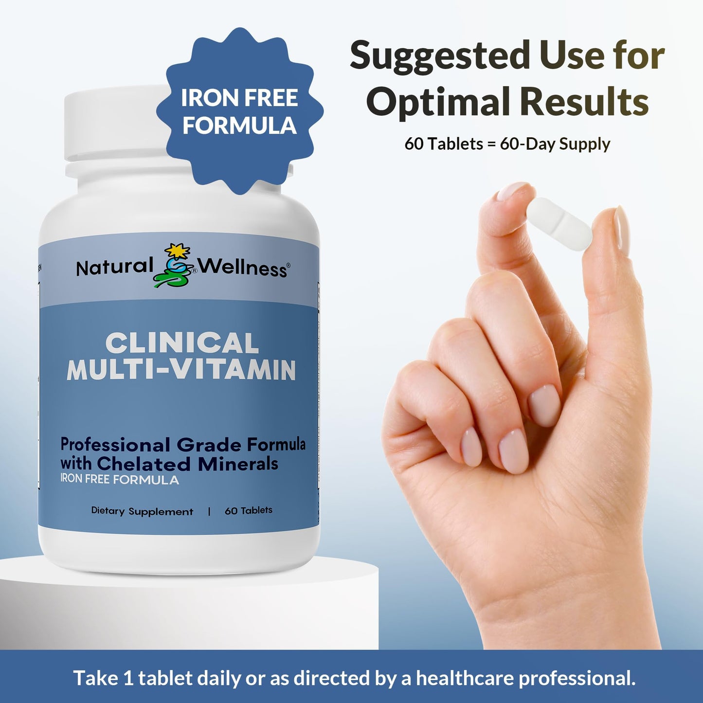 Natural Wellness One Daily Multi-Vitamin Iron-Free Multivitamin for Adults with Vitamins A, C, D, E & B – High Potency Nutrient Support for Energy, Immunity & Wellness, 60 Tablets
