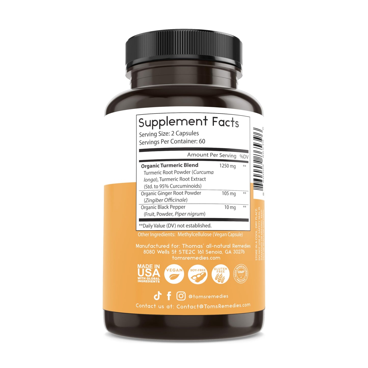 Thomas' all-natural Remedies Turmeric Curcumin and Ginger Joint Support Supplement Capsule 120 Count