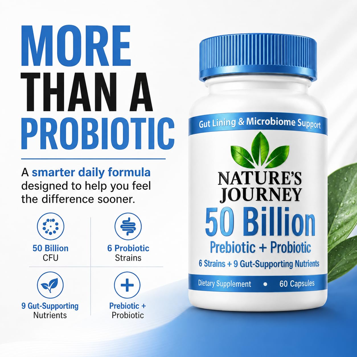 UMB Natures Journey Daily Synbiotic 50 Billion CFU – 6 Strains Probiotics for Women & Men with Prebiotic Fiber, Digestive & Gut Health, Immune Support, 9 Gut-Supporting Nutrients, 60 Capsules
