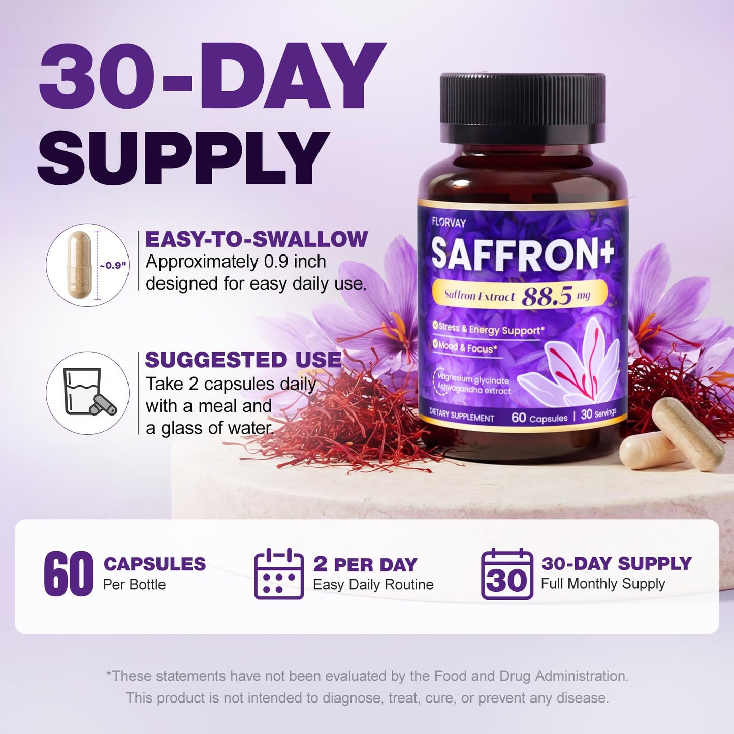 Florvay Saffron Extract 88.5mg Capsules, 60 Count – with Ashwagandha, L-Theanine & Magnesium – Supports Mood & Daily Energy