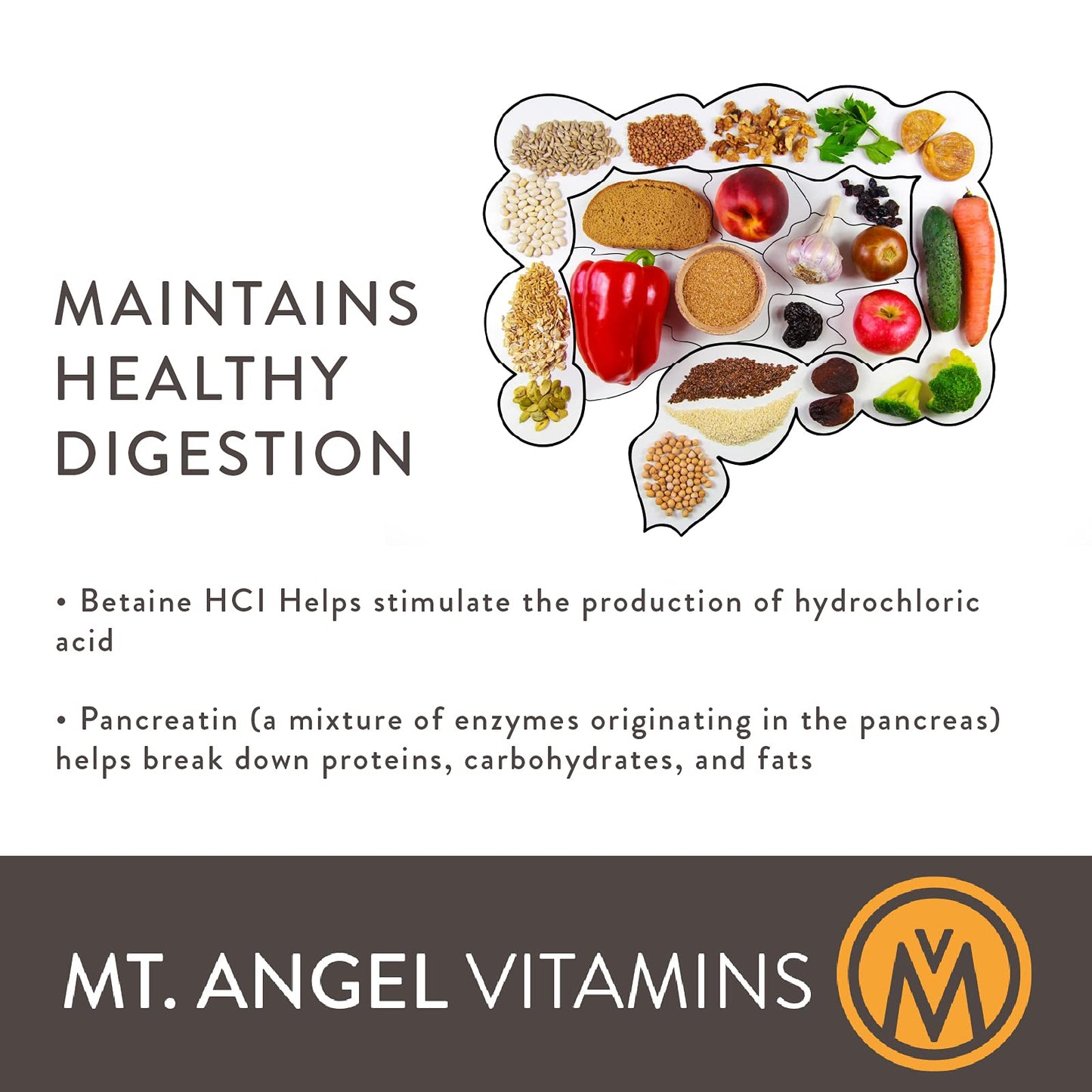 Mt. Angel Vitamins Hydrochloric Acid Betaine Capsules, 100 Count