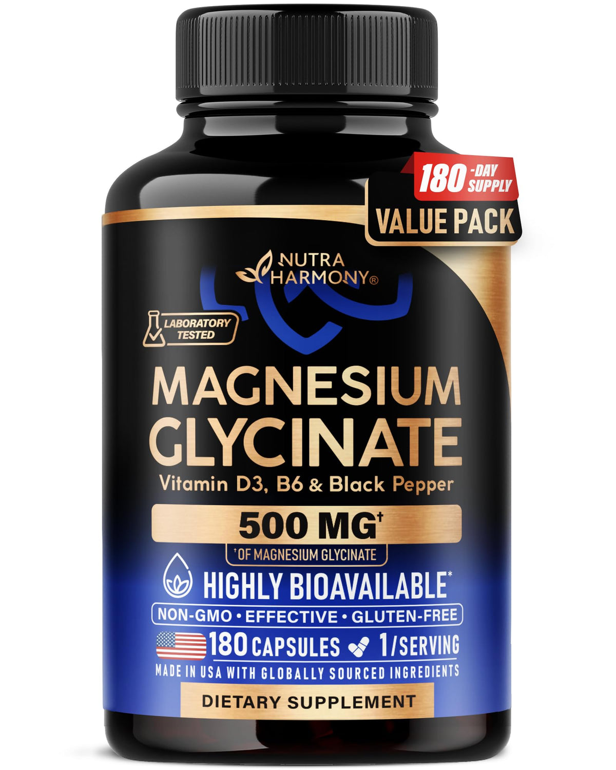 Magnesium Glycinate 500mg - VIT. B6 & D3 - Sleep, Muscle & Heart - 180 Caps