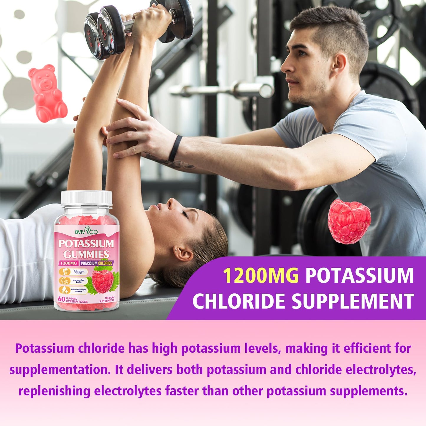 BVIVLOO Potassium Gummies for Adults with 1200mg Potassium Chloride - Supports Muscle Health & Leg Cramps, Raspberry Flavor, 2 Pack