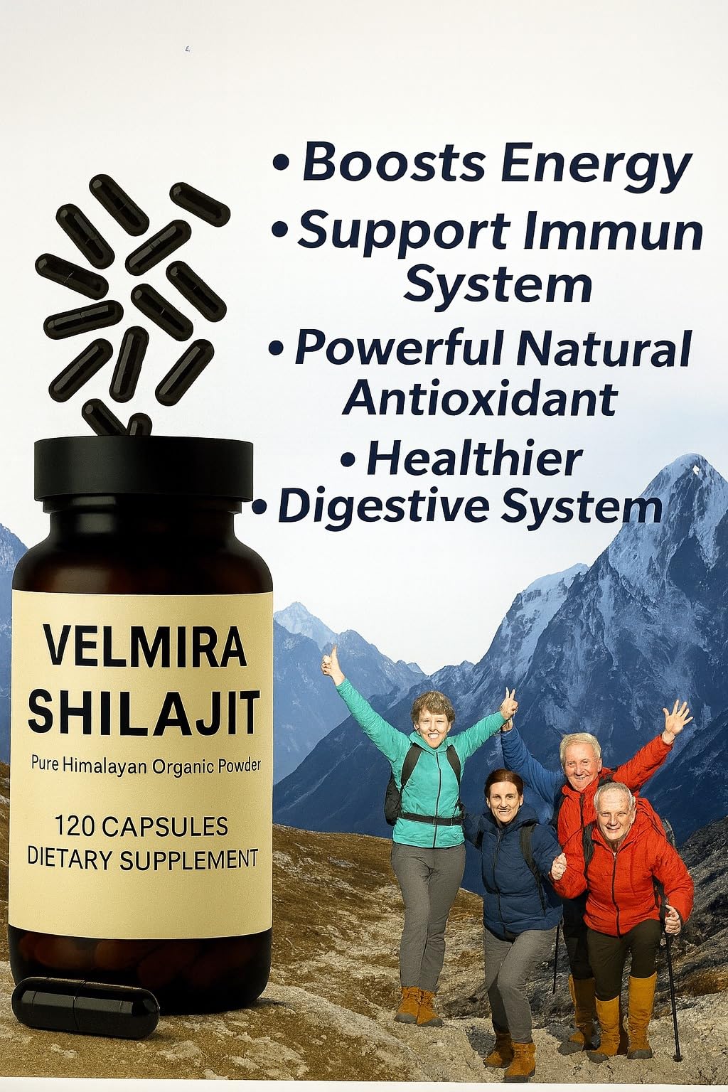 Velmira Shilajit Himalayan Resin Powder Capsules, 120 Count