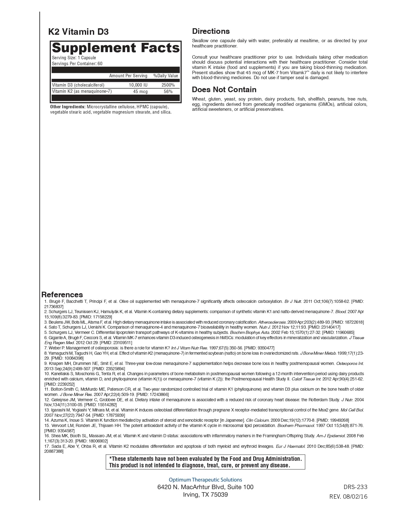 Optimum Therapeutic Solutions D3 10,000 + K Capsule, 60 Count