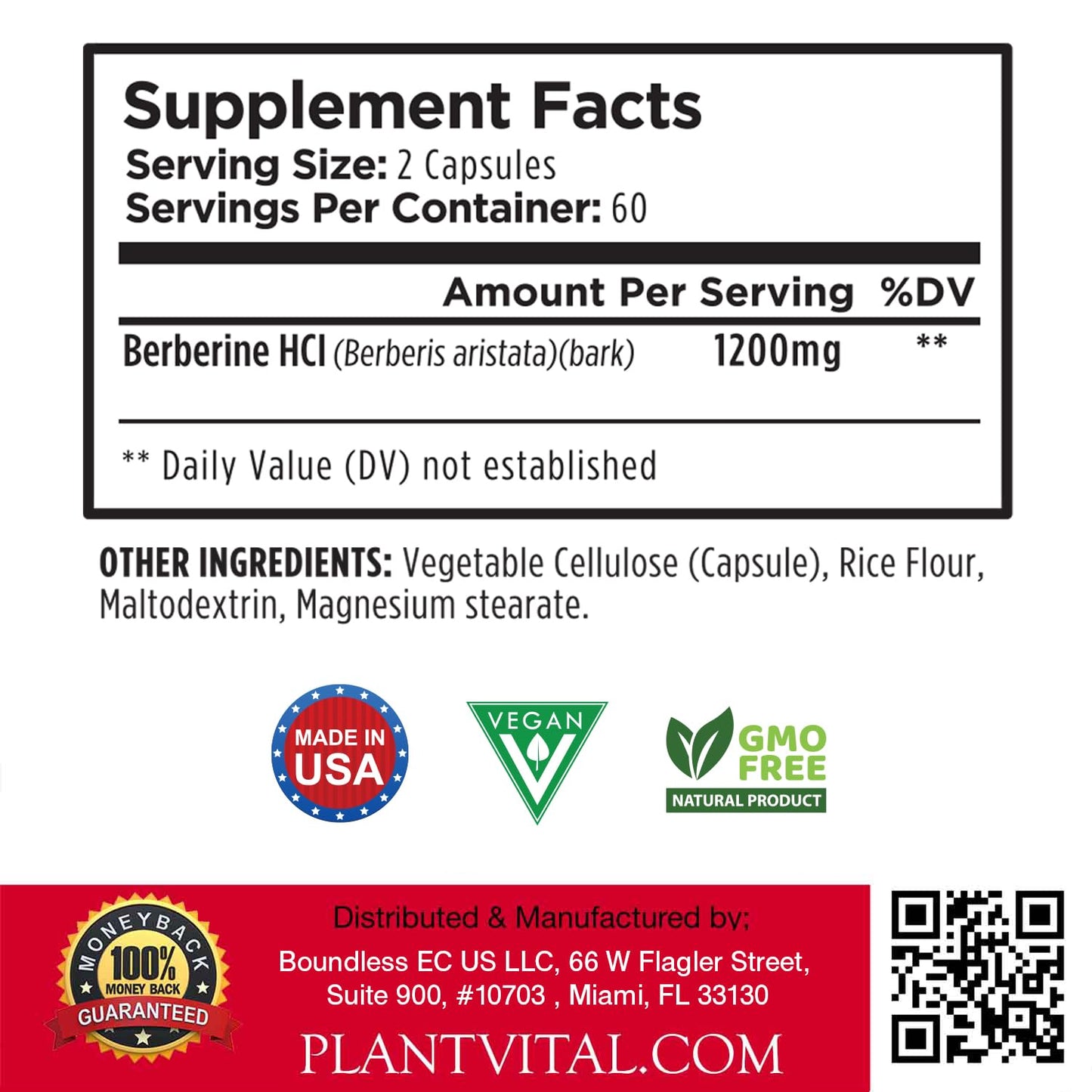 Plantvital Berberine 1200mg per Serving Capsules 120