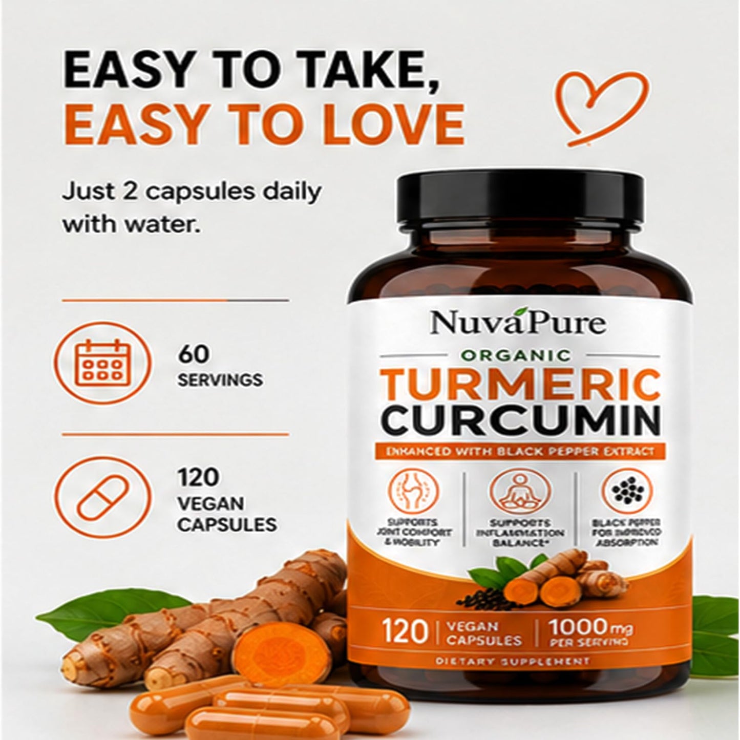 Renovia Oil Nuvapure Turmeric with Black Pepper Turmeric Curcuminoid Extract Supplement Enhanced Absorption Formula Daily Joint Wellness Support Softgel 1 Count