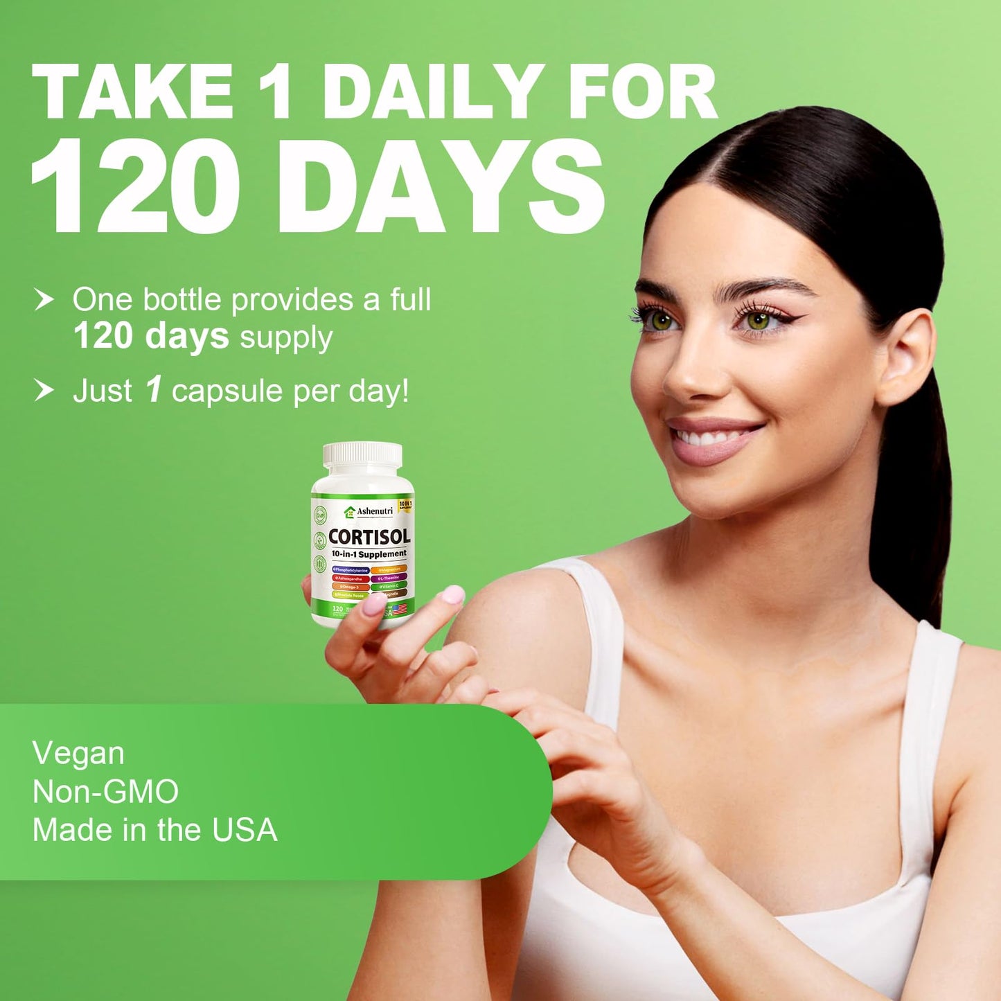 Ashenutri 10-in-1 Cortisol Supplement with Magnesium, Ashwagandha, Rhodiola Rosea, L Theanine, Hormone Balance for Women, 120 Capsules