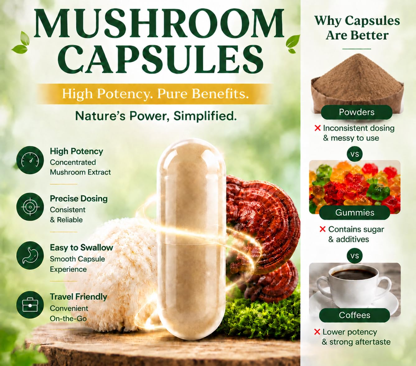Nature Whisper Lions Mane Mushroom Capsules with Ashwagandha, Mushrooms Complex, 60 Capsules
