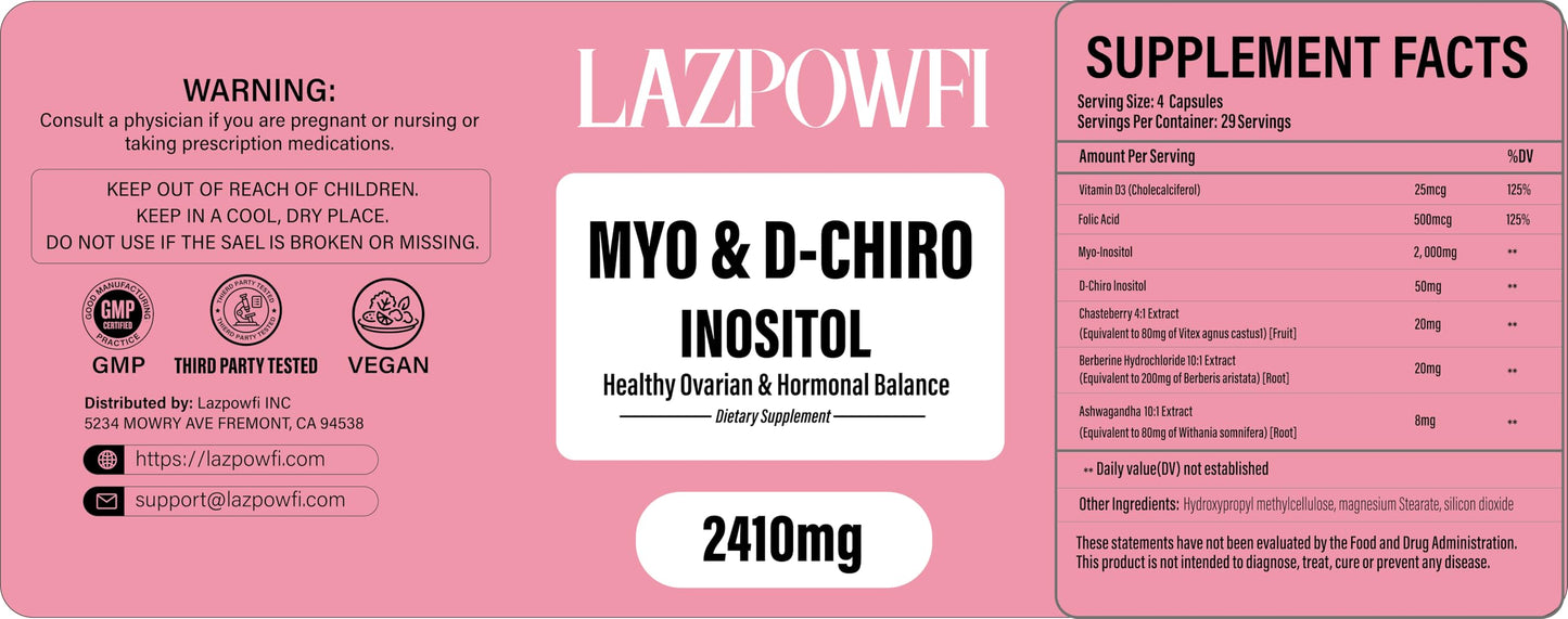 Lazpowfi Inositol Supplement with Myo-Inositol and D-Chiro Inositol Capsule 116 Count