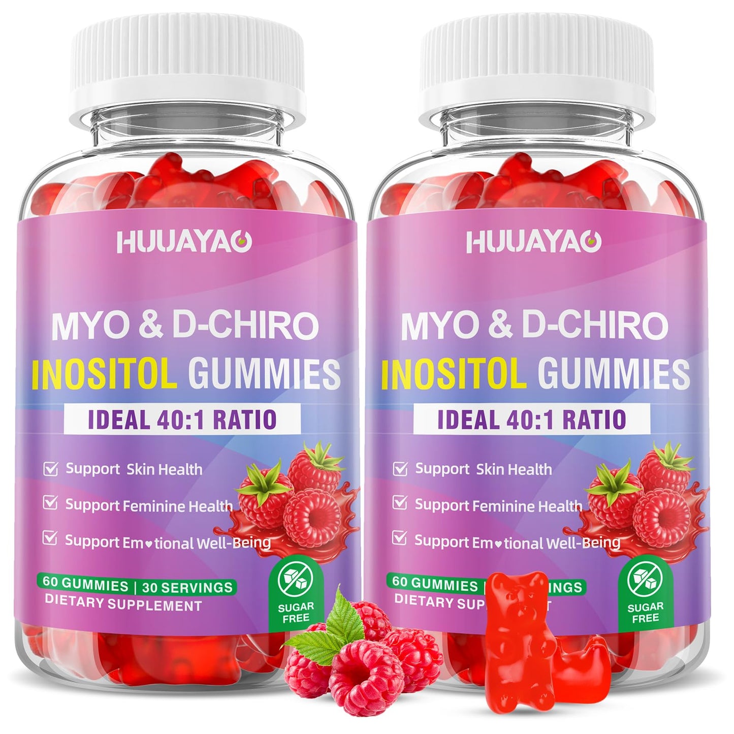 HUUAYAO Myo-Inositol & D-Chiro Inositol Gummies, Ideal 40:1 Ratio Inositol Supplement with Vitamin D3, Magnesium Glycinate for Support Hormonal Balance & Wellness, Raspberry Flavor, 120 Gummies