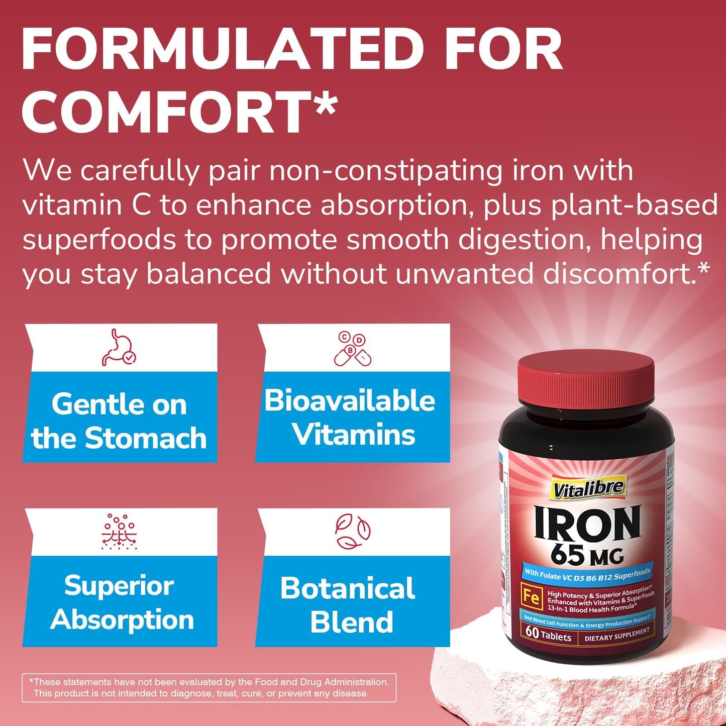 Vitalibre Iron Supplement for Women & Men 65 mg Ferrous Sulfate with Vitamin C, D3, B6, B12, Folate, Beet Root, Spinach, Pumpkin Seeds, Nettle for Red Blood Cell & Energy Production, 60 Tablets