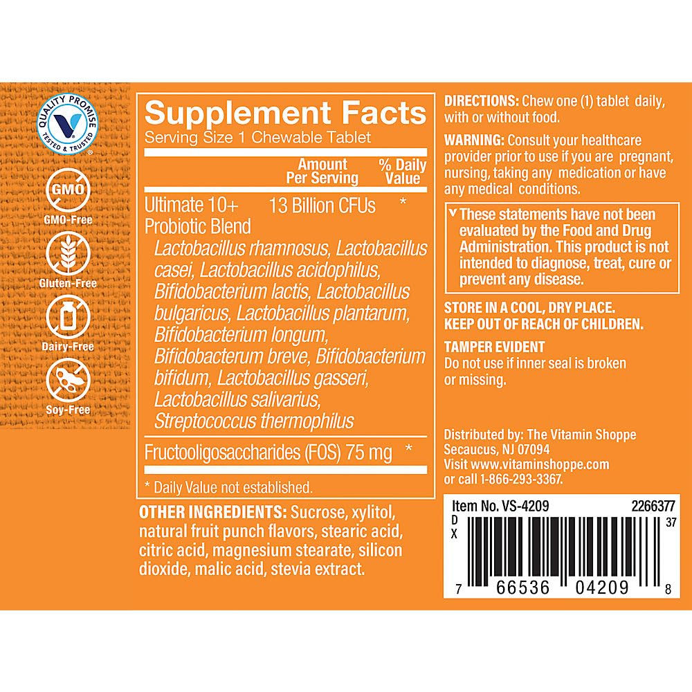The Vitamin Shoppe Ultimate 10+ Probiotics 13 Billion CFU - 10 Probiotic Strains for Digestive Health, Immune & Gut Support Chewable Tablets 30
