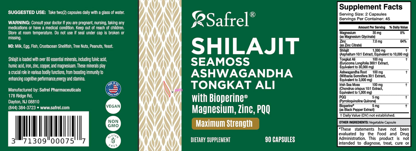Safrel Shilajit Complex with Sea Moss, Ashwagandha, Tongkat Ali, Maximum Strength Dietary Supplement with Magnesium, Zinc, PQQ, Capsules, 120