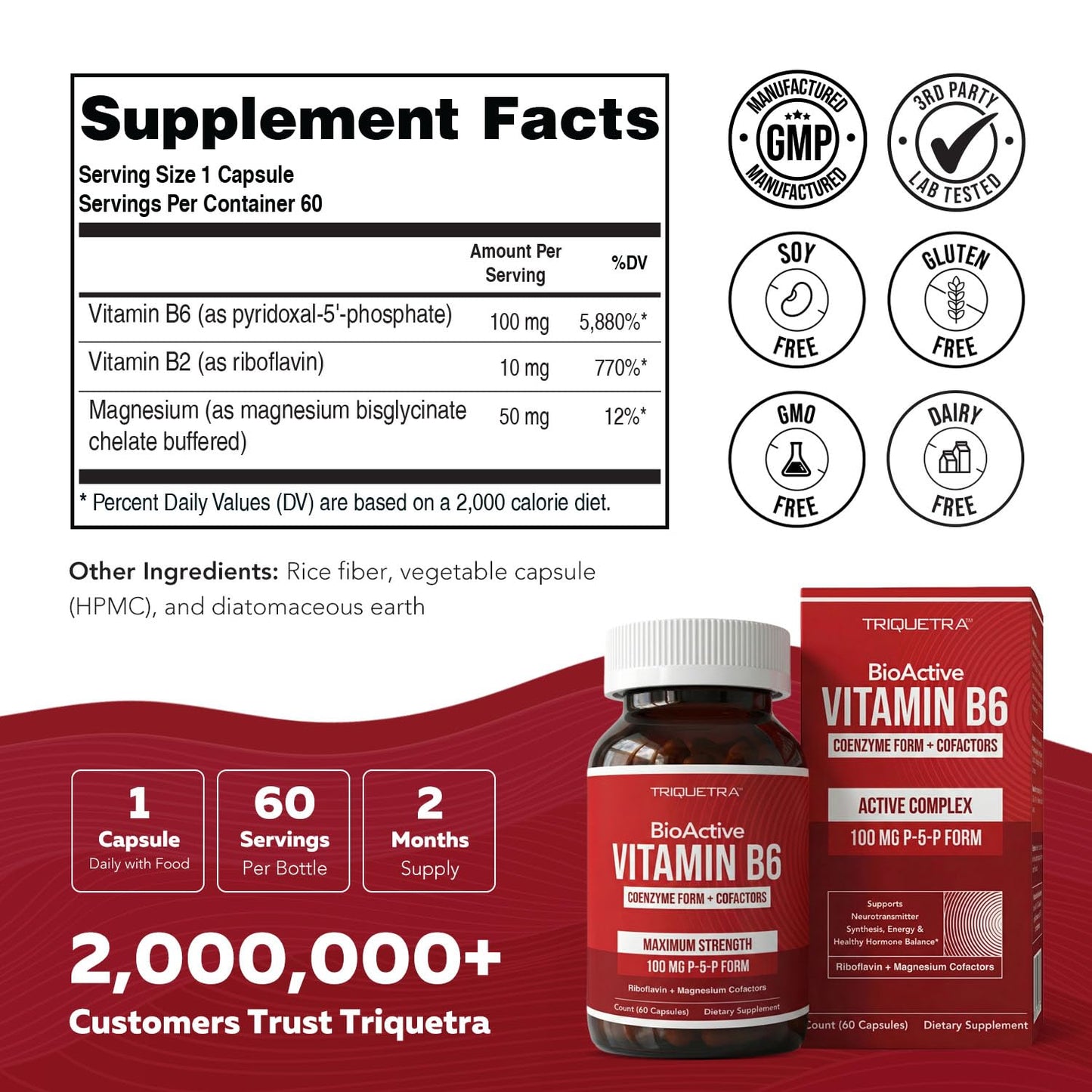 Triquetra Health BioActive Vitamin B6 100mg Capsules, P-5-P Form, Enhanced Absorption with Riboflavin & Magnesium, Non-GMO, 60 Count