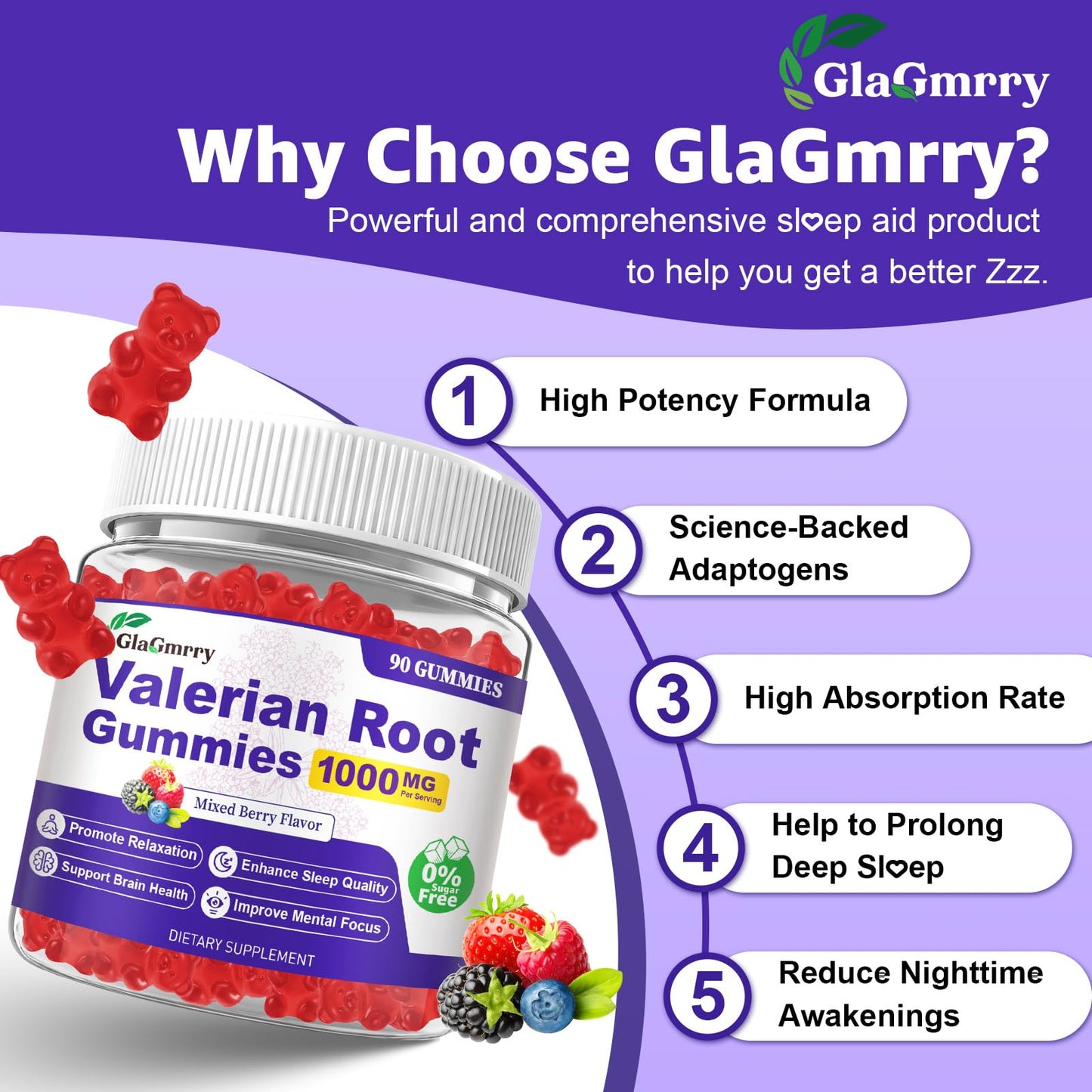 GlaGmrry Valerian Root Gummies with Melatonin & L-Theanine, 90 Gummies