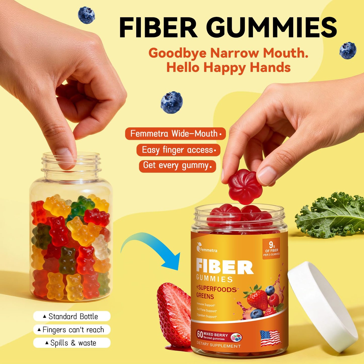 Femmetra 10-in-1 Prebiotic Fiber Gummies for Digestive Health & Regularity, 60 Count