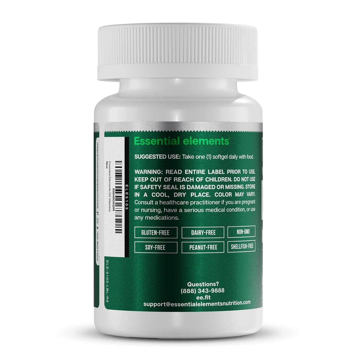 Essential Elements Vitamin D3 5000 IU Softgels with Olive Oil, 180 Softgels