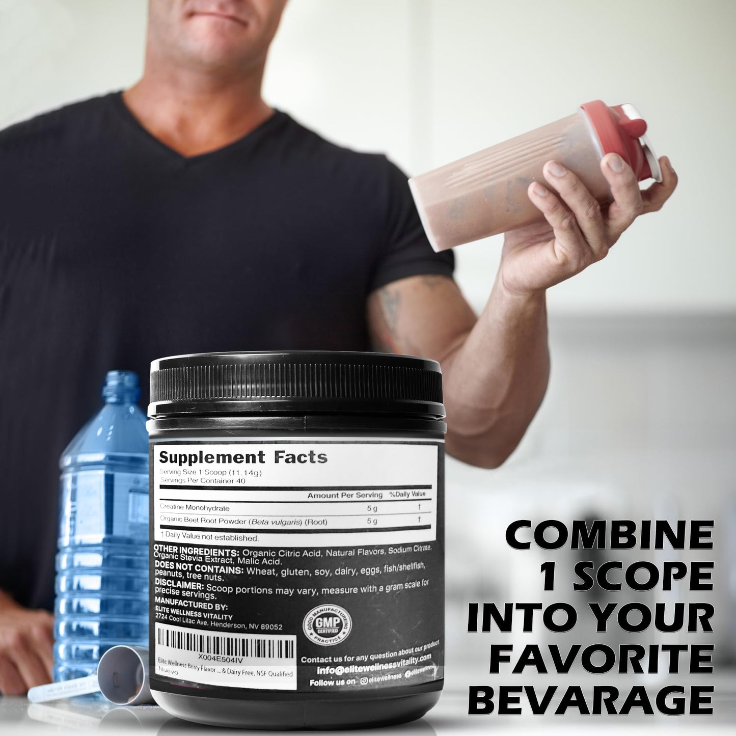 Elite Wellness Vitality Berry Flavor Creatine Monohydrate with Organic Beetroot Supplement Powder 40