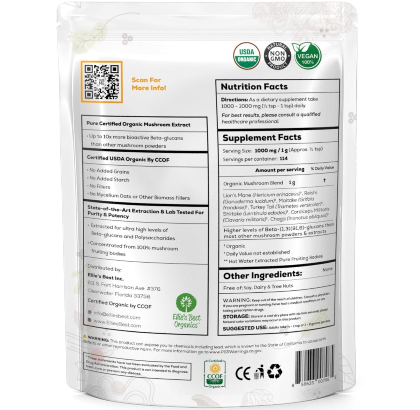 Ellie's Best 7 Mushroom Powder Extract Blend Supplement Organic 4oz