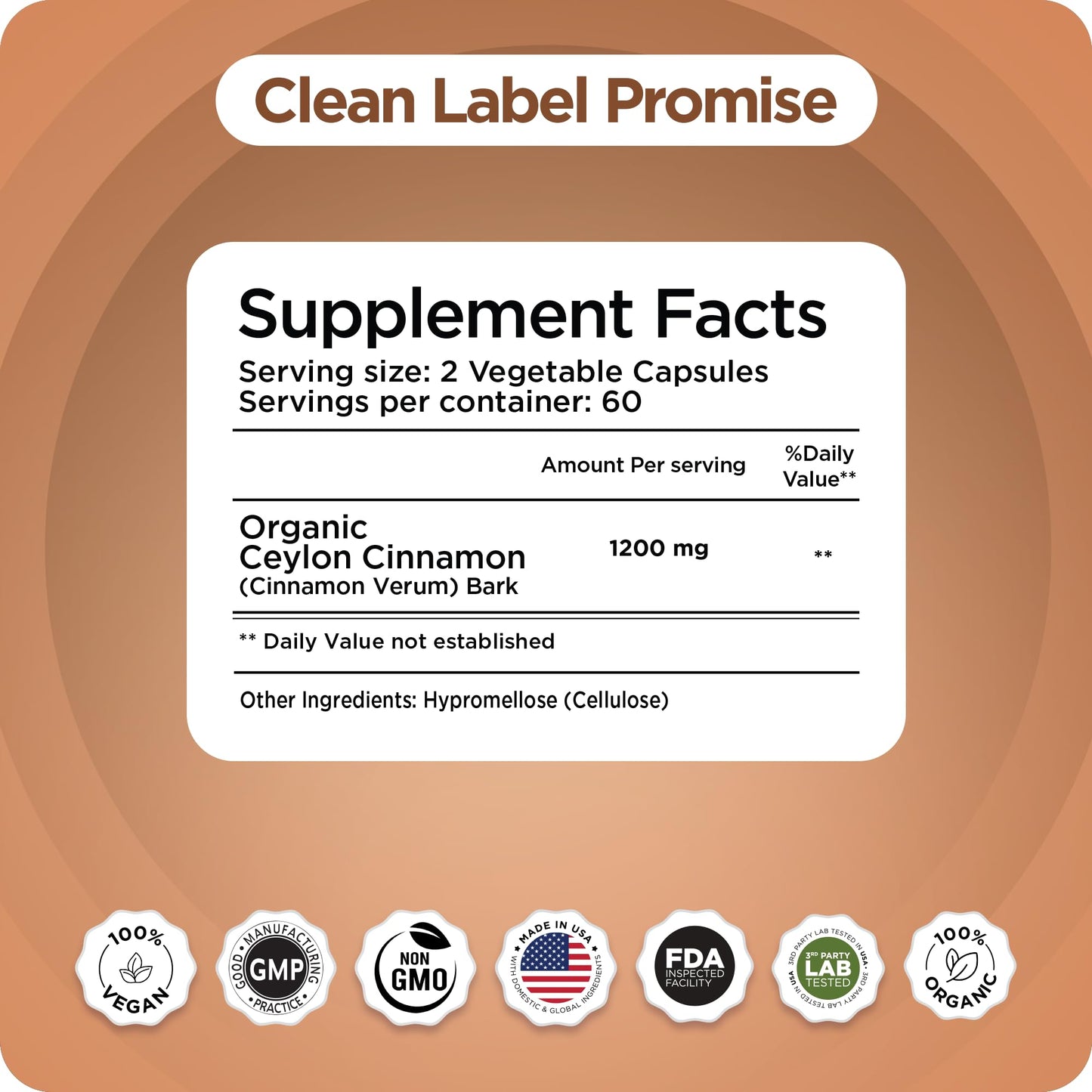 Balancebreens Certified Organic Ceylon Cinnamon 1200mg Supplement Capsules, 120 Count