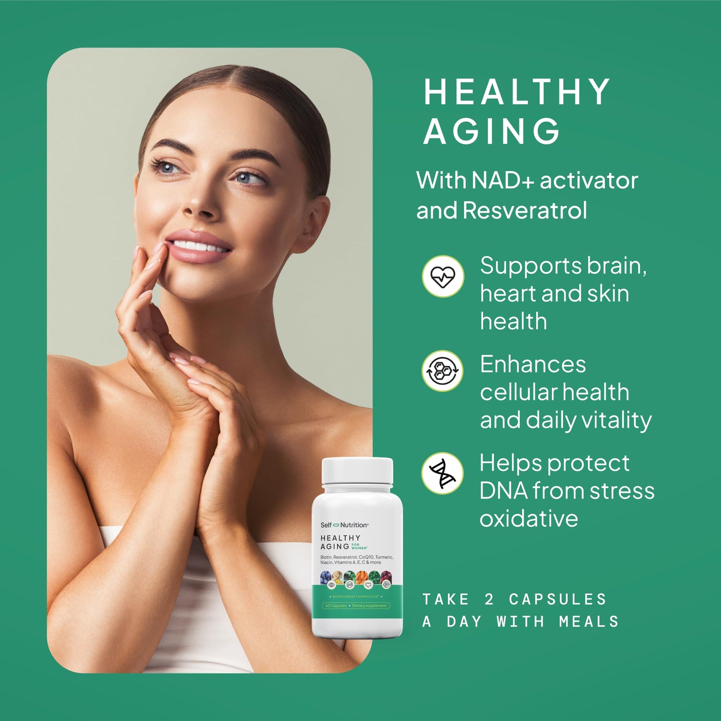 SELF NUTRITION NAD+ Resveratrol Supplement for Women – Healthy Aging Formula with CoQ10, Biotin, Turmeric & Vitamins A, C, E – Capsule, 60 Count
