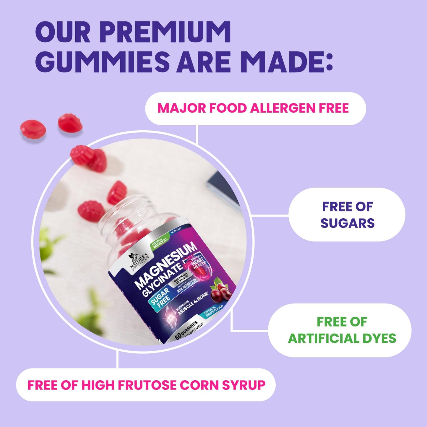 Nature's Nutrition Magnesium Glycinate Gummies, 60 Count