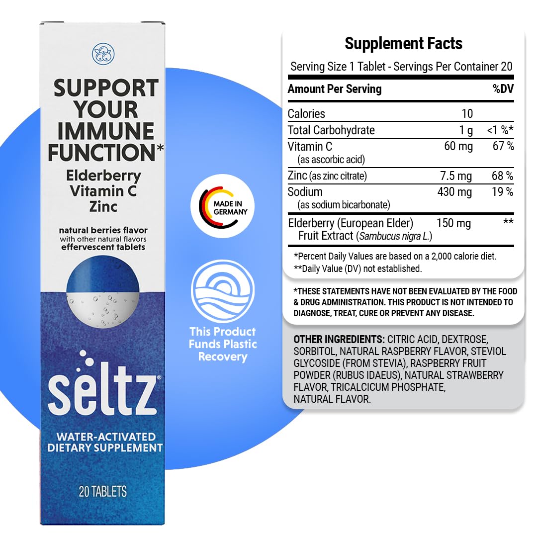Seltz Immune Support Drink, Effervescent Elderberry with Zinc 20 Tablets