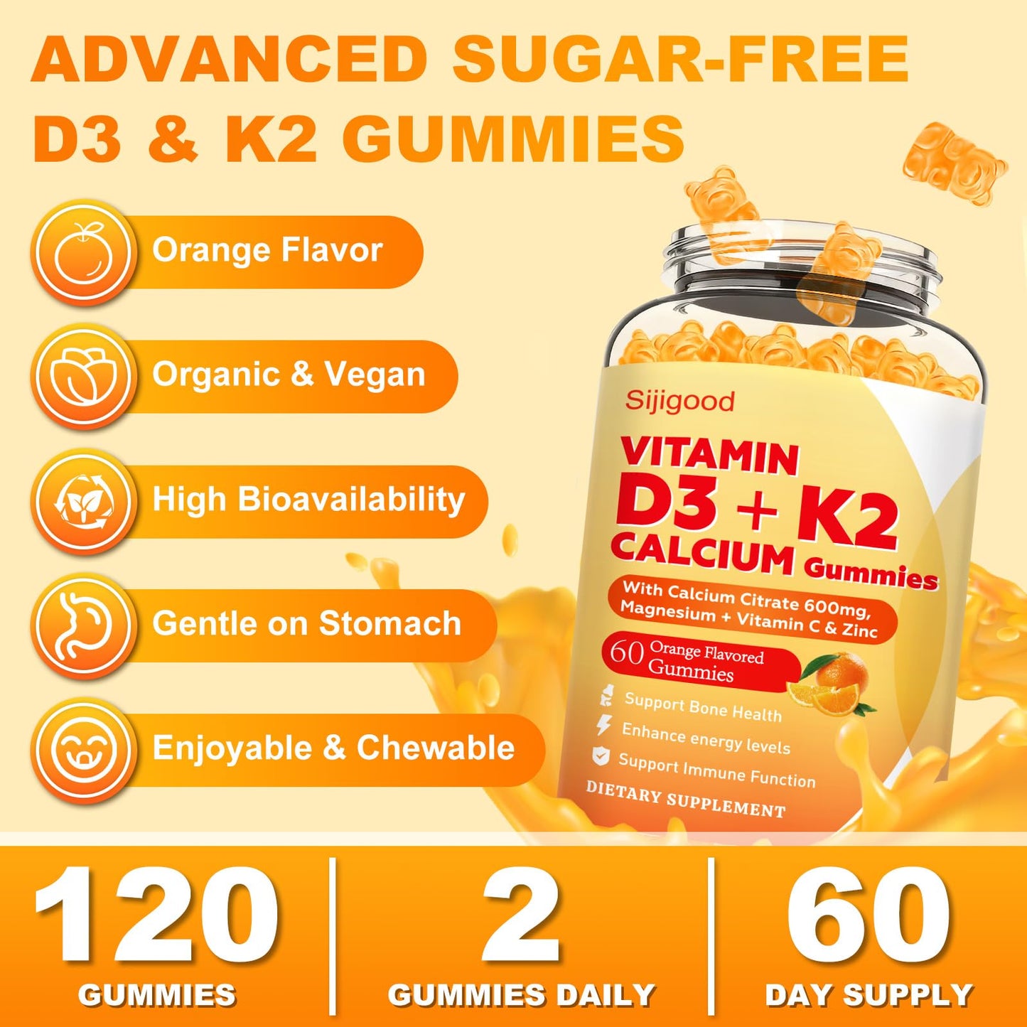 Sijigood 6-in-1 Vitamin D3 K2 Gummies 120 Count