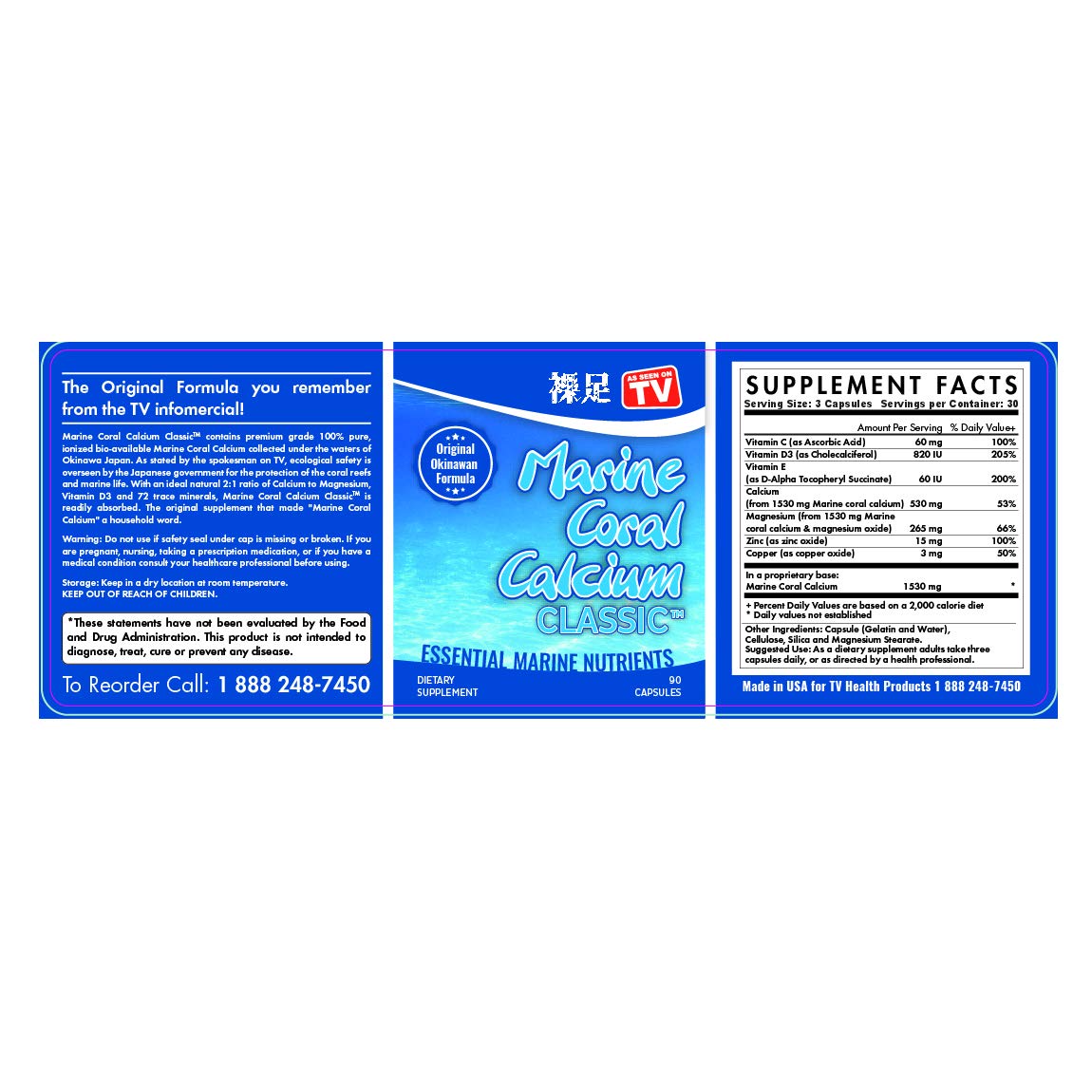 TV Health Products Original Marine Coral Calcium Classic 1530 milligrams Capsules, 90 Count