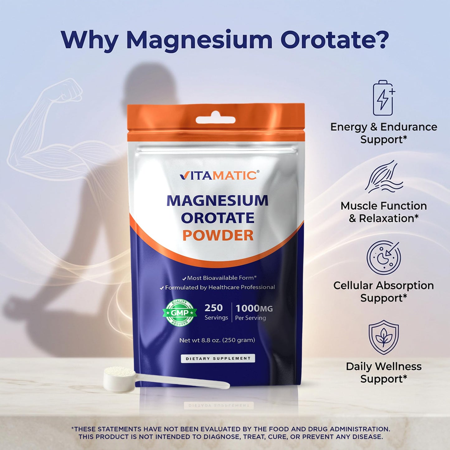 Vitamatic Magnesium Orotate 1000mg per Serving Powder, 8.8 oz