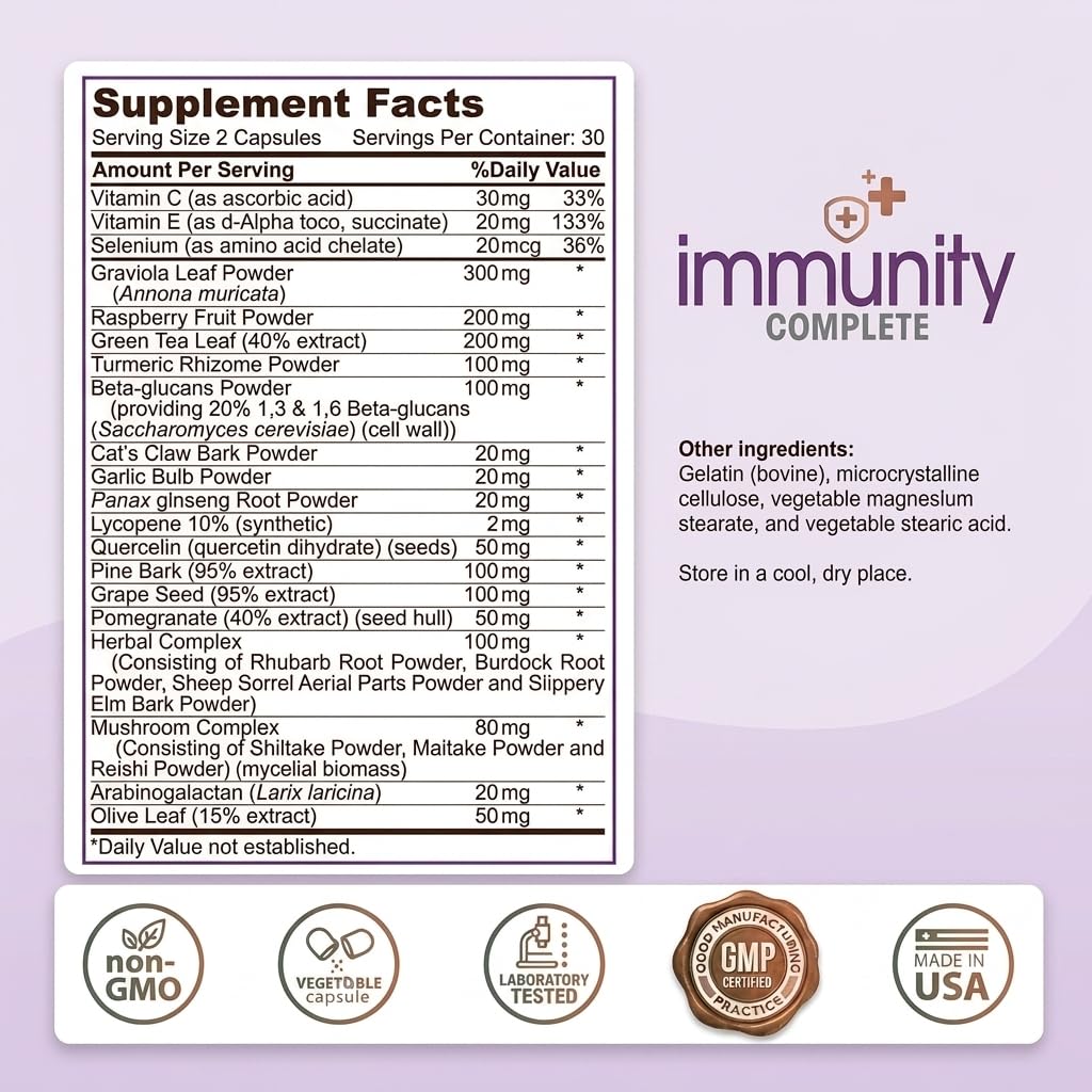 Instant Brands Immunity Complete - 20-in-1 Immune System Booster Formula with Cat's Claw, Quercetin, Vitamin C, and Olive Leaf Extract Capsules 120