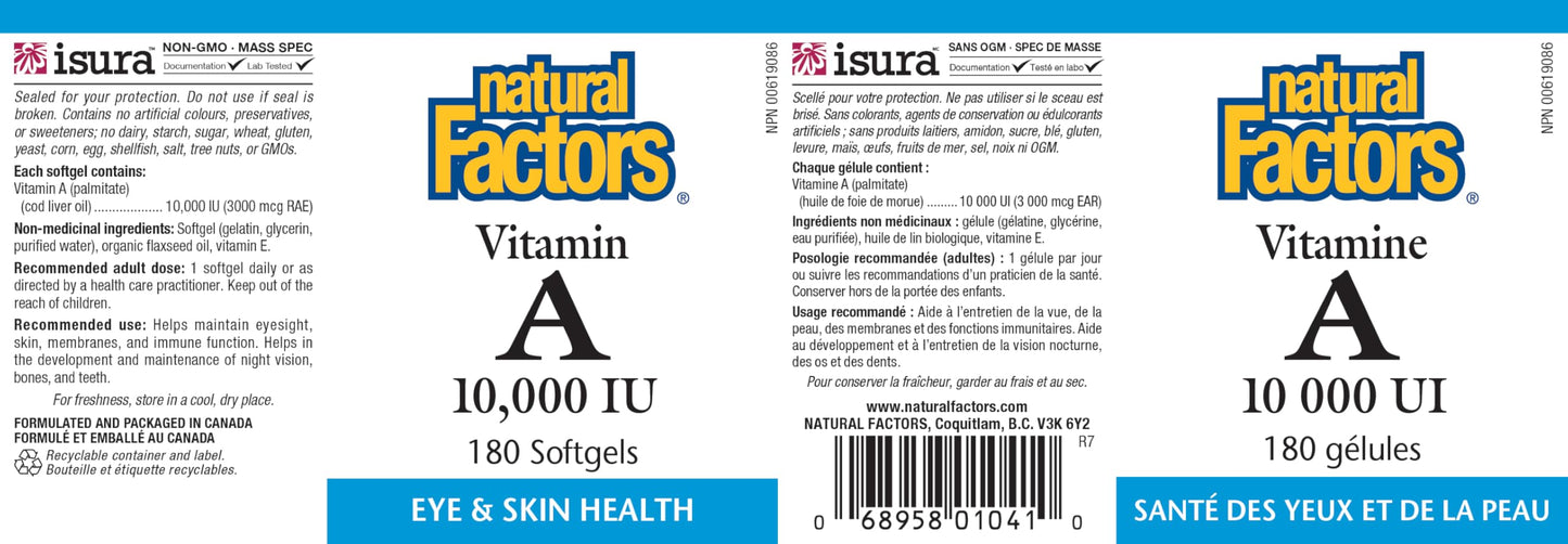 Natural Factors Vitamin A 10,000 IU Softgel, 180 Softgels