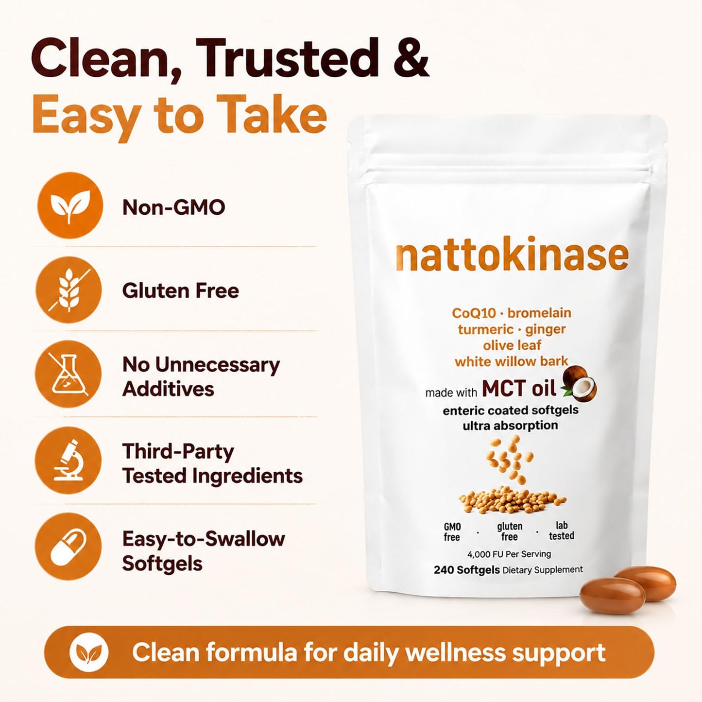LumiLight Nattokinase 10,800 FU Daily Supplement – 7-in-1 Circulation Support Formula with CoQ10, Bromelain, Turmeric, Ginger, White Willow Bark Enteric Coated Softgels, 240 Softgels