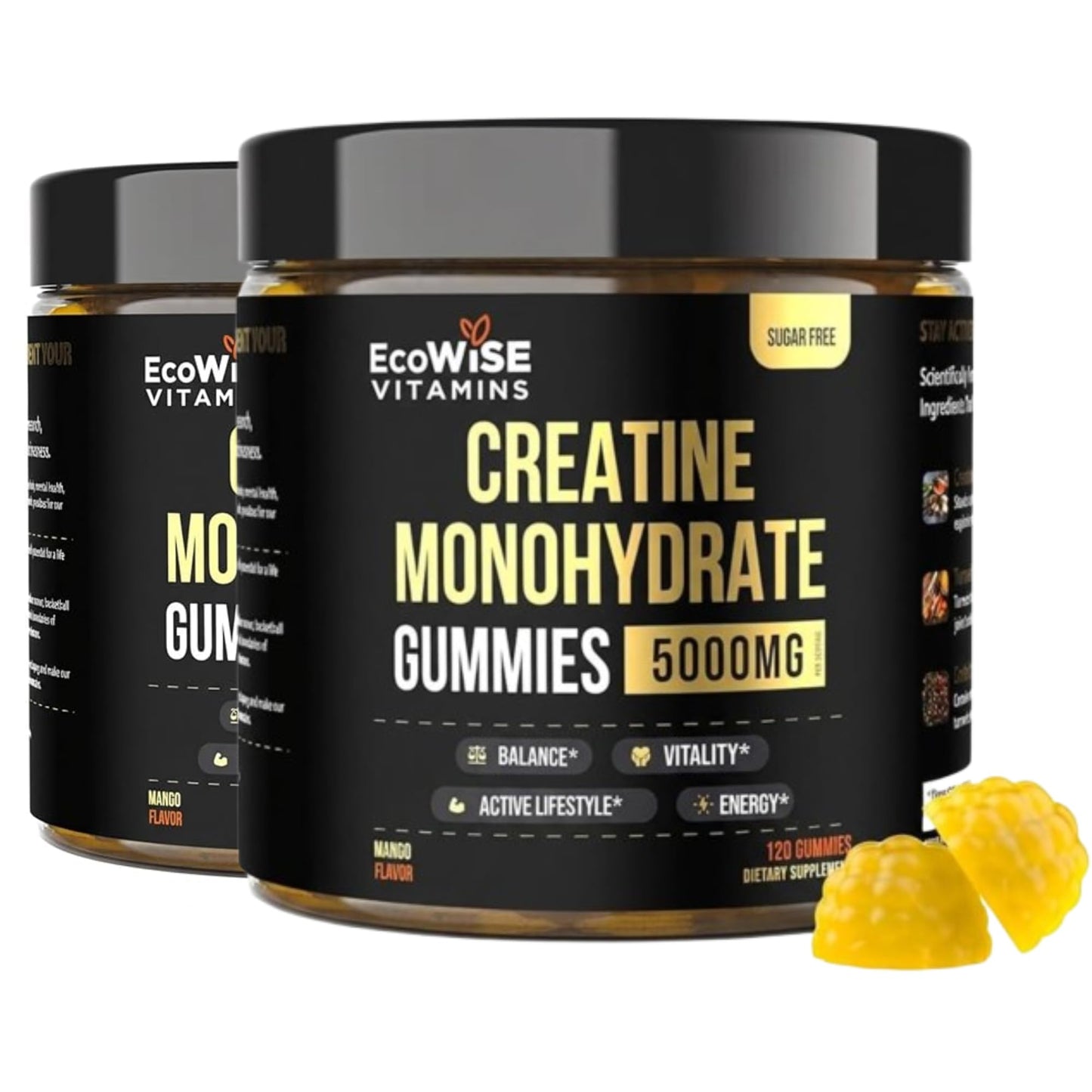 ECOWISE VITAMINS Creatine Monohydrate Mango Gummies 5000mg per Serving, Sugar Free, 238 Gummies