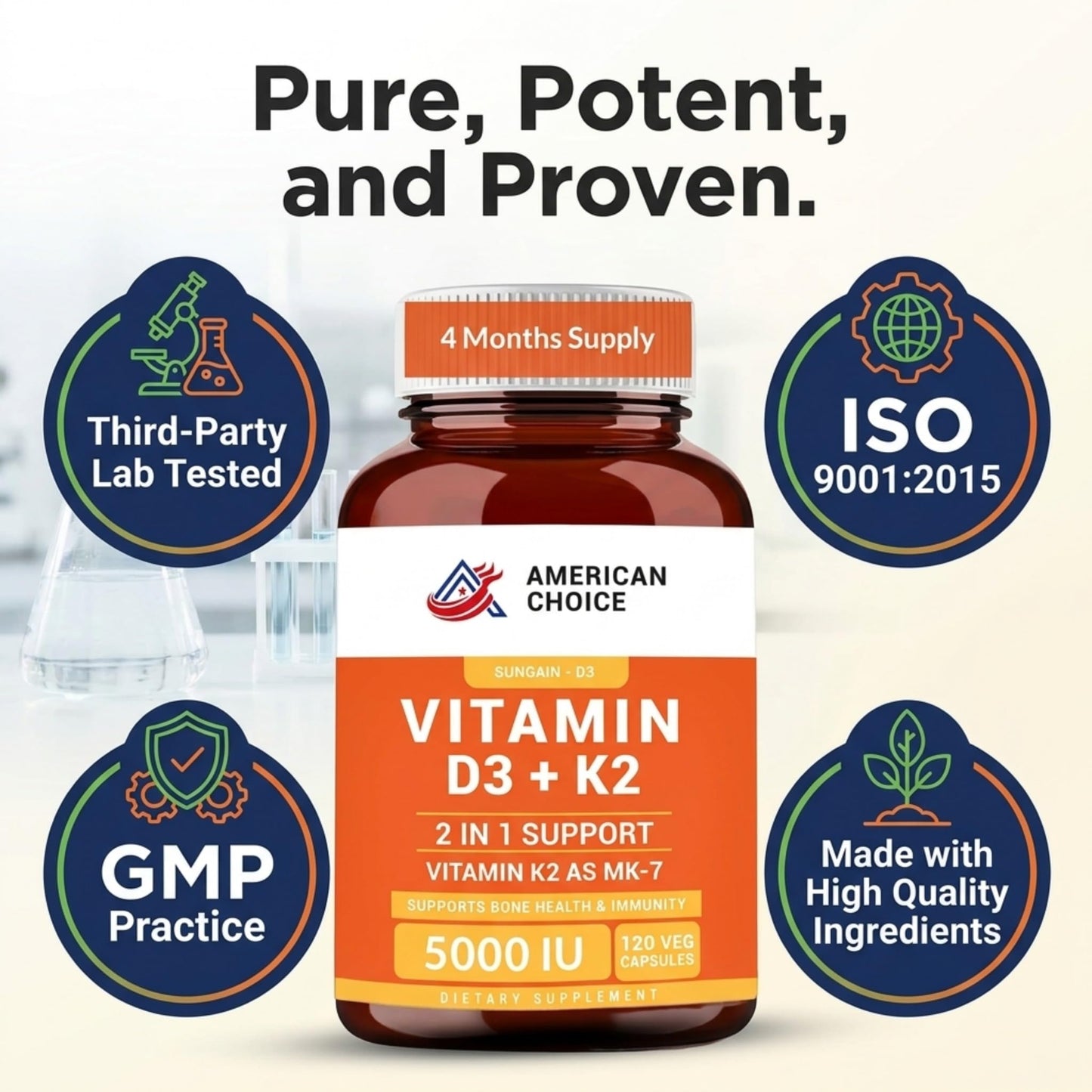 American Choice Vitamin D3 5000 IU – Enhanced Bone, Heart & Immune Support – Vitamin K2 (MK-7) 100 mcg, 120 Capsules