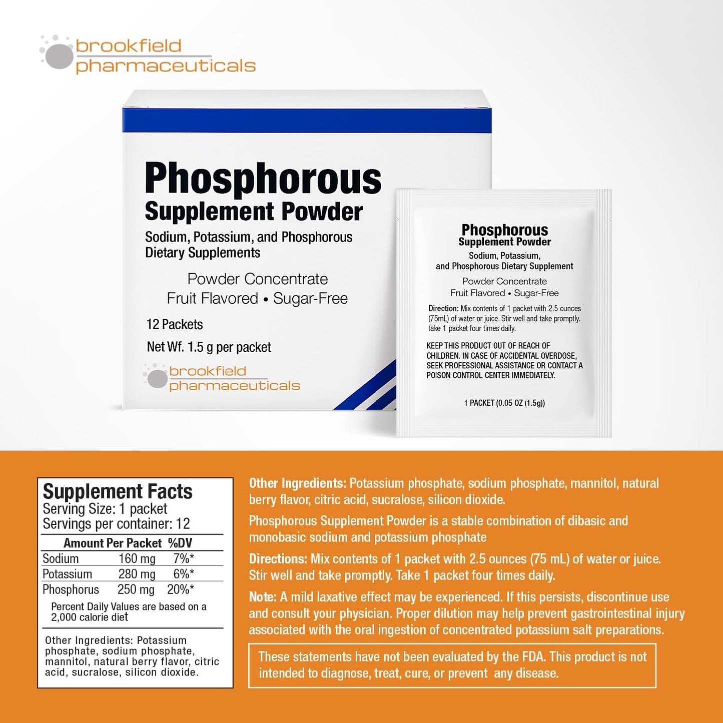 Brookfield Pharmaceuticals Phosphorus Supplements Powder Concentrate, 12 Count