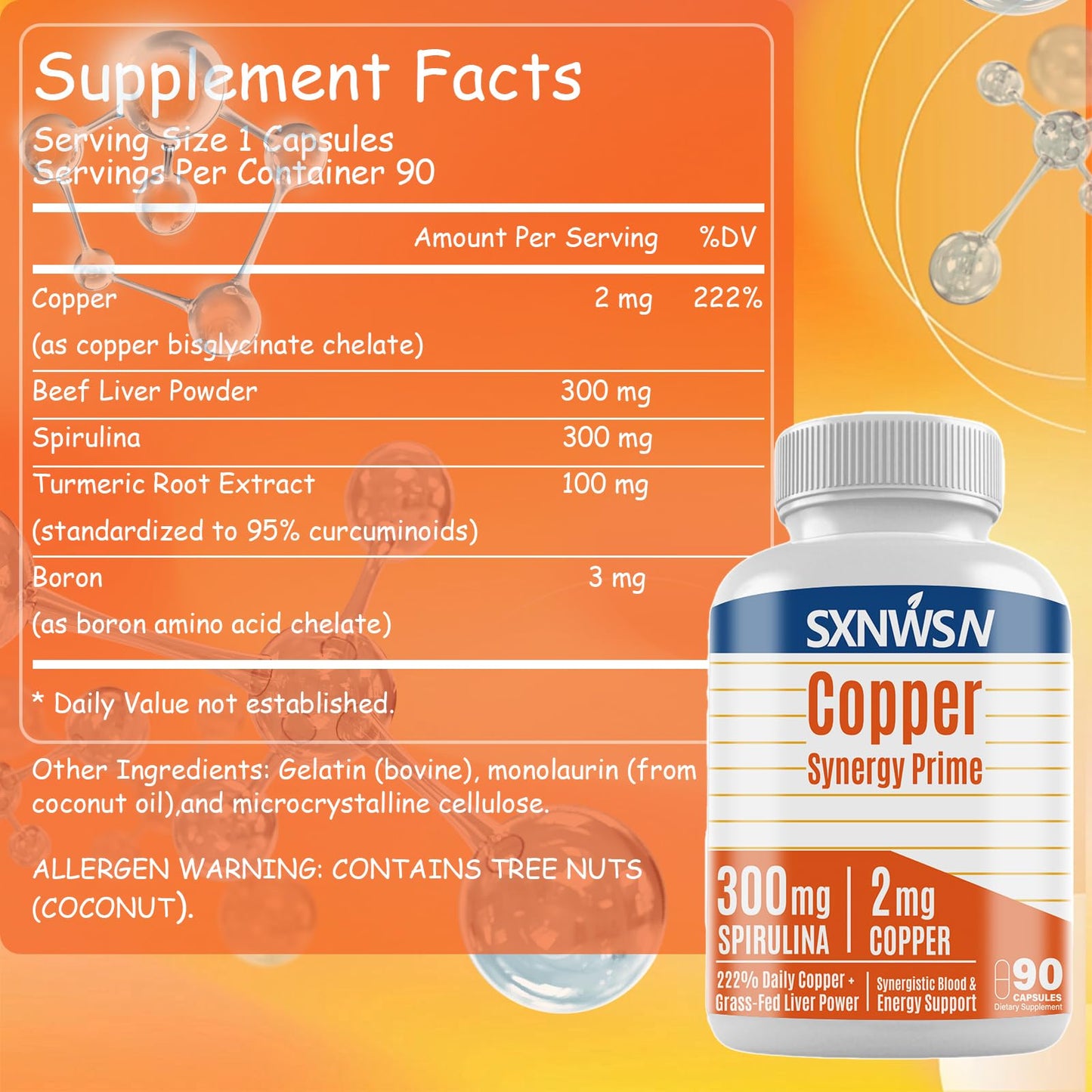 SXNWSN Copper Synergy Prime 5-in-1 Copper Supplements with Beef Liver & Spirulina - Boosts Energy Nourishes Body & Antioxidant 90 Capsules