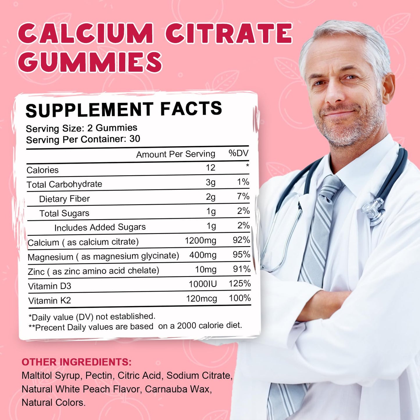LUCNVEM Calcium Citrate 1200mg with Vitamin D3 Gummies Peach Flavor, 180 Gummies