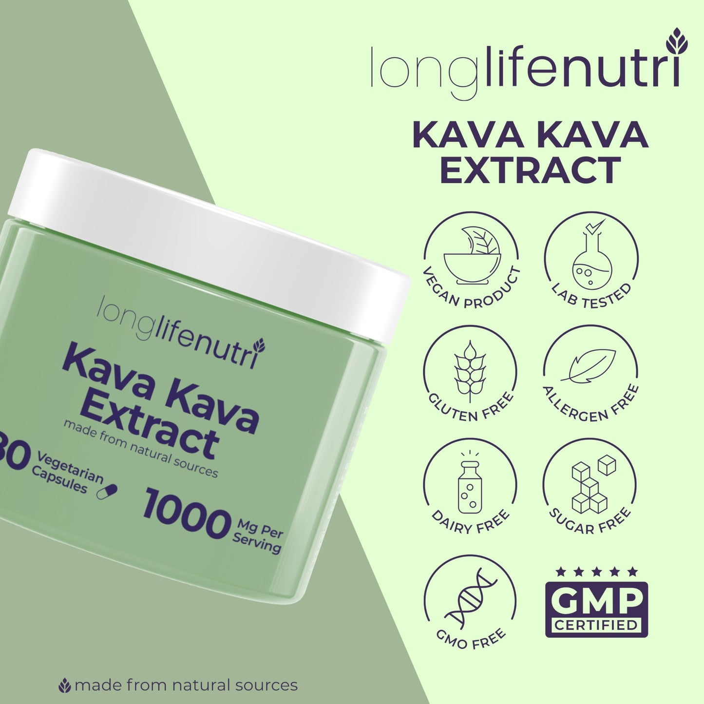 LongLifeNutri Kava Kava Extract 1000mg Capsules, 180 Count