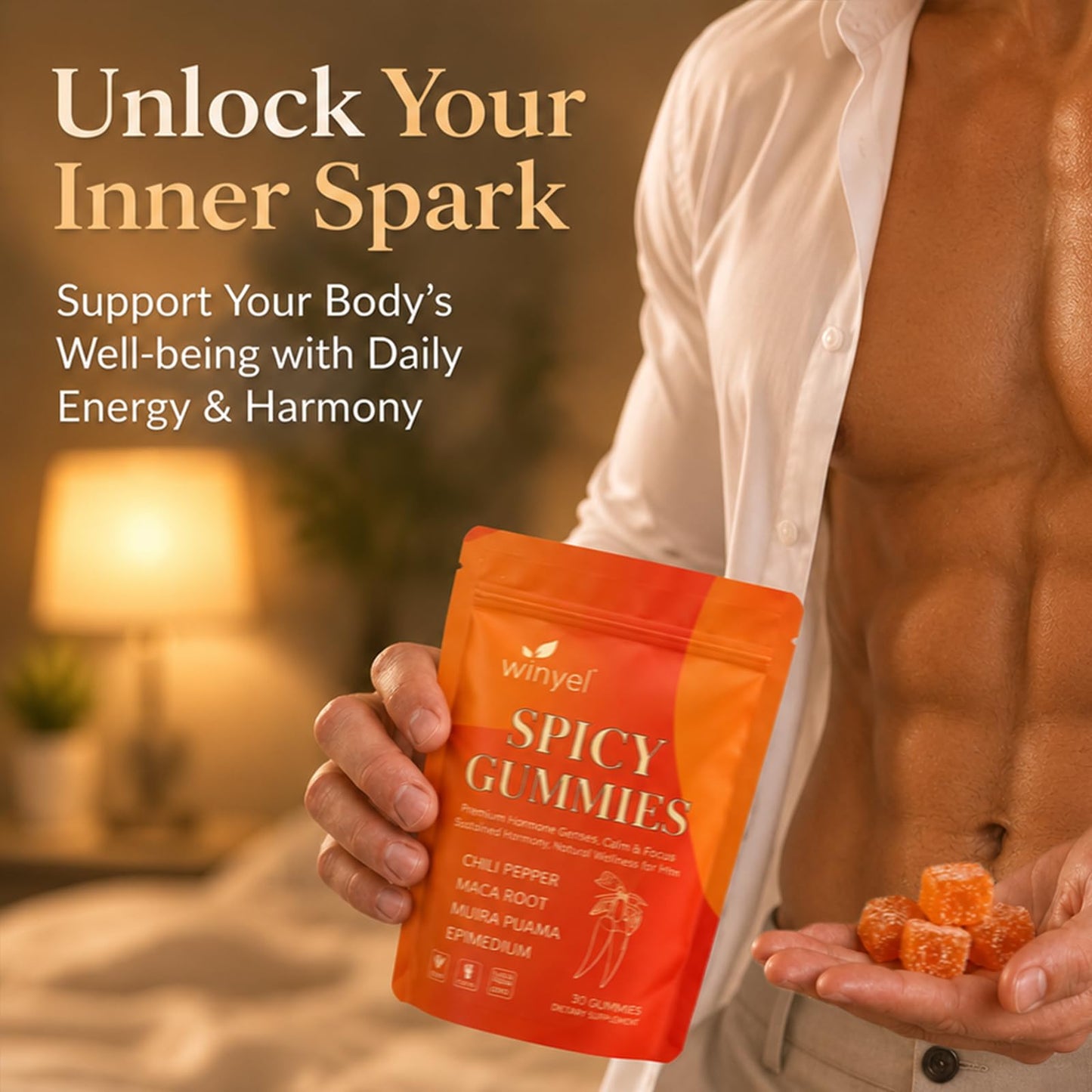 WINYEL Spicy Gummies Cubes Hot Peach Flavor - Chili Pepper, Maca Root & Muira Puama Herbal Supplement for Energy, Mood & Vitality - Romantic Mood Enhancer for Couples, 30 Gummies