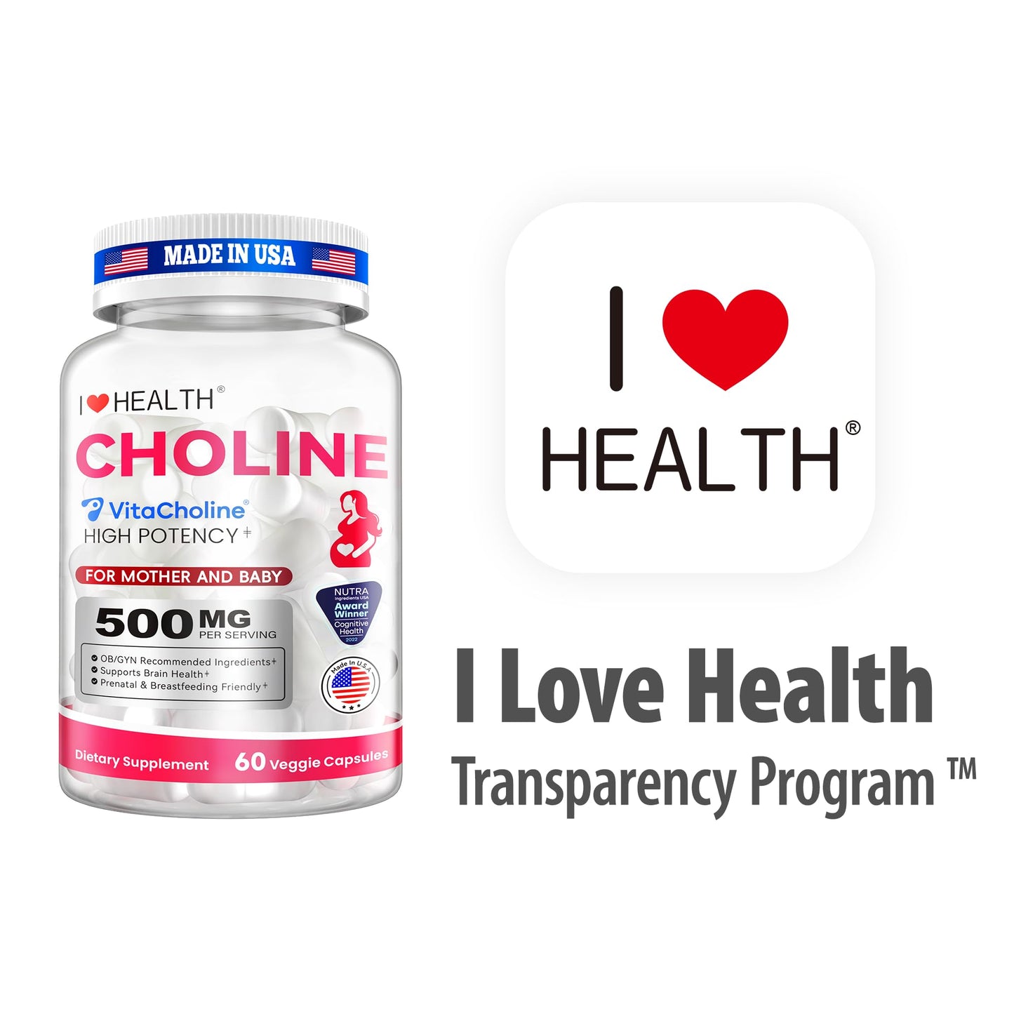 I LOVE HEALTH VitaCholine Choline 500mg Prenatal Capsule, 60 Count