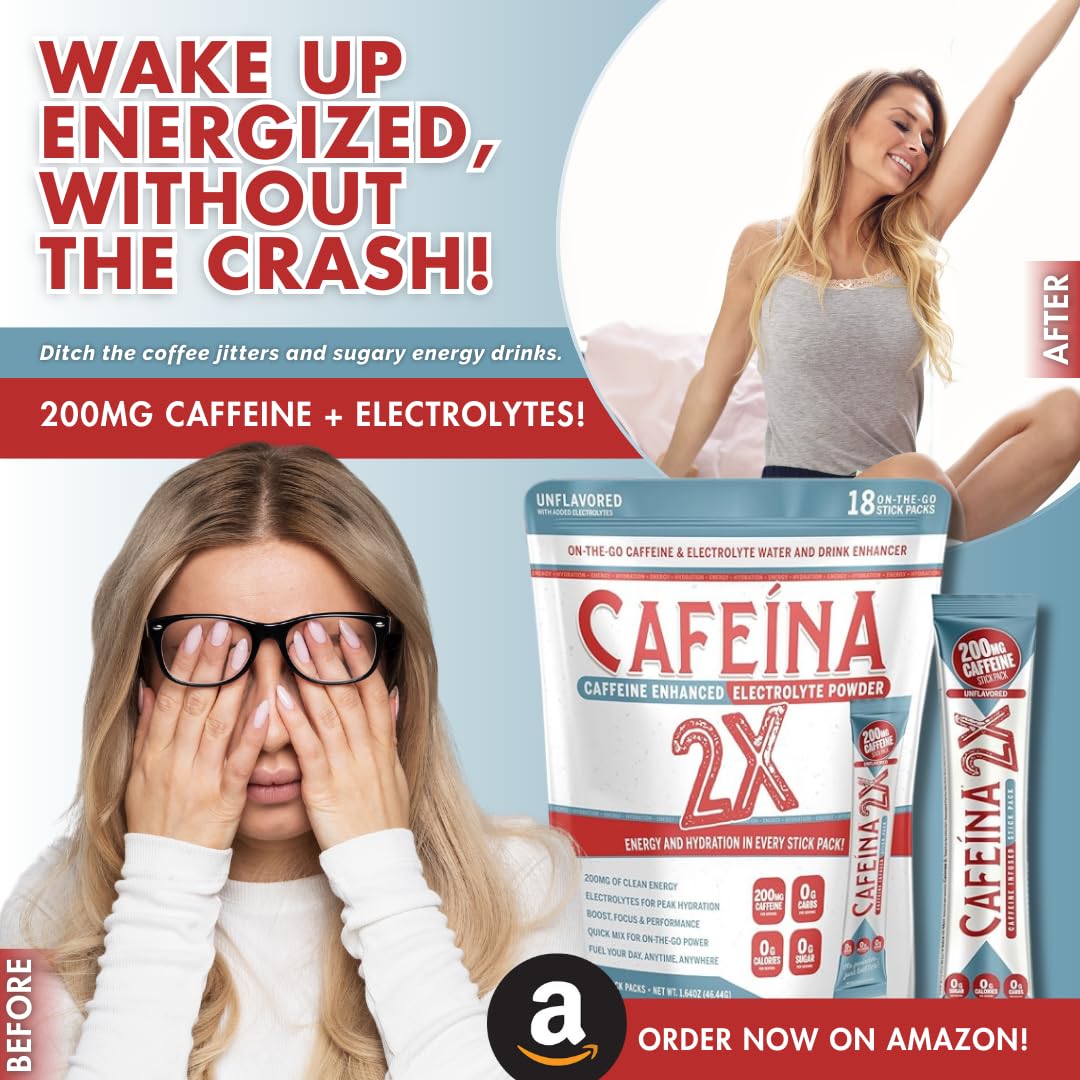 CAFEINA 2X 200mg Caffeine and Electrolyte Infused Powder Sticks, 18 Sticks