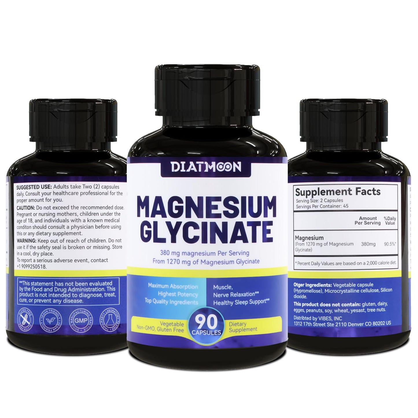 DIATMOON Magnesium Glycinate Capsules 1270mg, 90 Count