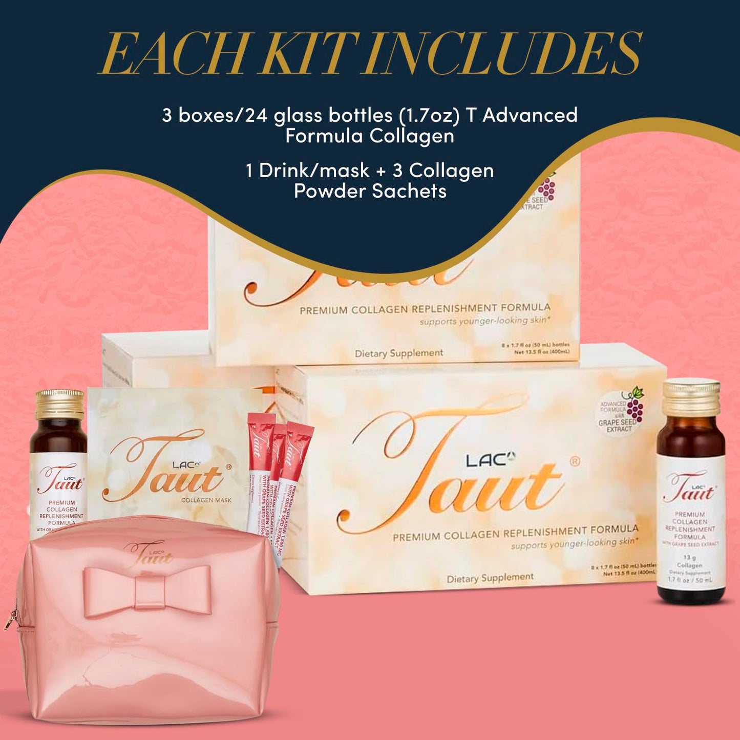 TAUT Marine Collagen Drink 13,000mg Anti-Aging Formula with Collagen Face Mask and 3 Powder Sachets, 1 Bundle