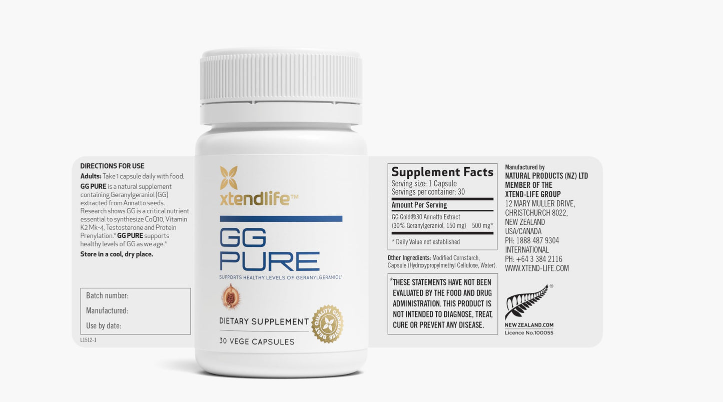 Xtendlife GG Pure Geranylgeraniol Supplement – 150mg GG for CoQ10 Production & Cellular Energy Support – with Annatto-Derived GG for Heart & Muscle Function, Capsules, 30 Capsules
